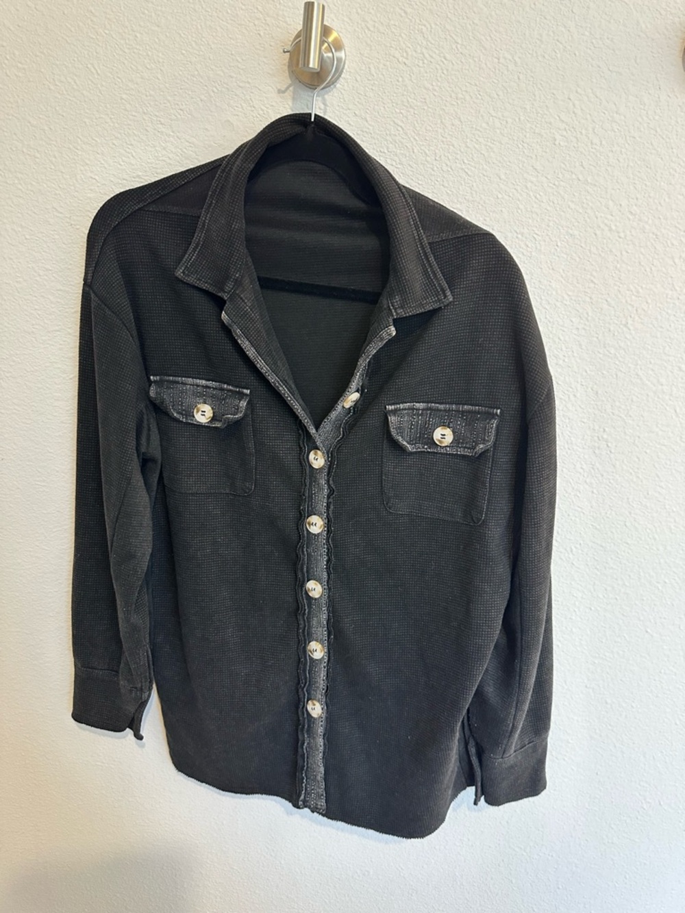 Black Button-Front Textured Shirt Jacket
